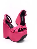 Basskan Kadın Fuşya Moff Saten Yüksek Dolgu Taban Platform Çapraz Bant Sandalet - 1