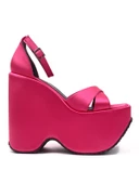 Basskan Kadın Fuşya Moff Saten Yüksek Dolgu Taban Platform Çapraz Bant Sandalet - 2