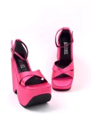 Basskan Kadın Fuşya Moff Saten Yüksek Dolgu Taban Platform Çapraz Bant Sandalet - 3