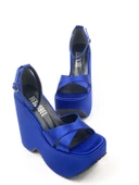 Basskan Kadın Mavi Moff Saten Yüksek Dolgu Taban Platform Çapraz Bant Sandalet - 3