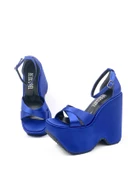 Basskan Kadın Mavi Moff Saten Yüksek Dolgu Taban Platform Çapraz Bant Sandalet - 1