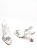 Basskan Kadın Beyaz Miss Şeffaf Topuk 10 Cm Yaprak Taşlı Arkası Açık Bilekten Bağlamalı Ayakkabı thumbnail 3
