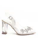 Basskan Kadın Beyaz Miss Şeffaf Topuk 10 Cm Yaprak Taşlı Arkası Açık Bilekten Bağlamalı Ayakkabı thumbnail 2