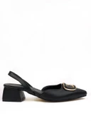 Basskan Kadın Kare Siyah Alçak Topuk Arkası Açık Kare Tokalı Sandalet Terlik - 2