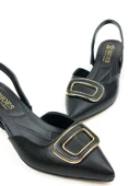 Basskan Kadın Kare Siyah Alçak Topuk Arkası Açık Kare Tokalı Sandalet Terlik - 1