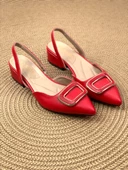 Basskan Kare Kırmızı Alçak Topuk Arkası Açık Kare Tokalı Sandalet Terlik - 1