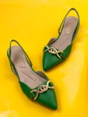 Basskan Bere Yeşil Tokalı Sivri Burun Sandalet Terlik Alçak Topuk thumbnail 3