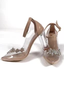 Basskan Kadın Nut Belpe Şeffaf Topuk 10cm Arkası Kapalı Bilekten Bağlama Yaprak Taşlı Ayakkabı - 1