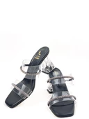 Basskan Kadın Siyah Nery Şeffaf Çiftbant Taş Detaylı Şeffaf Burgu Topuk Terlik thumbnail 1