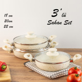 Esra 3 lü Granit Sahan Seti - 6 Parça Cam Kapaklı Çift Kulplu Omlet Sahan Takımı - Krem - 1