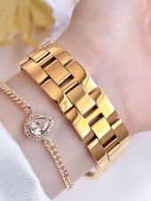 RVL-1849-F Revello Kaburga serisi Altın Kaplama Kararmaz Swarovski Taşlı 3Atm Su Geçirmez+Bileklik - 5