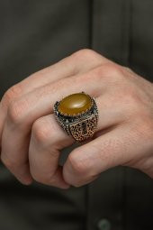 Sarı Akik Taşlı 925 Gümüş Erkek Yüzük thumbnail 3