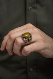 Sarı Akik Taşlı 925 Gümüş Erkek Yüzük thumbnail 4
