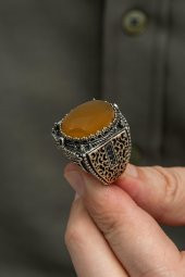 Sarı Akik Taşlı 925 Gümüş Erkek Yüzük thumbnail 7