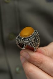 Sarı Akik Taşlı 925 Gümüş Erkek Yüzük thumbnail 8