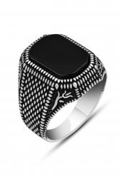 Siyah Oniks Taşlı Hasır Model 925 Gümüş Erkek Yüzük thumbnail 2