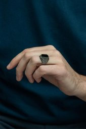 Siyah Oniks Taşlı Hasır Model 925 Gümüş Erkek Yüzük thumbnail 5