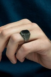 Siyah Oniks Taşlı Hasır Model 925 Gümüş Erkek Yüzük thumbnail 6
