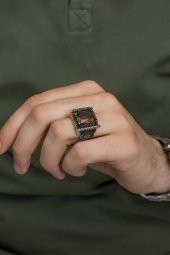 Kare Zultanit Taşlı 925 Gümüş Erkek Yüzük - 4