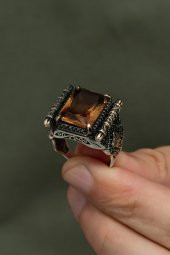 Kare Zultanit Taşlı 925 Gümüş Erkek Yüzük - 7