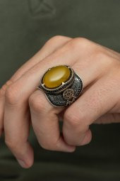 Sarı Akik Taşlı Mührü Süleyman Motifli 925 Gümüş Erkek Yüzük thumbnail 1