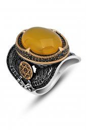 Sarı Akik Taşlı Mührü Süleyman Motifli 925 Gümüş Erkek Yüzük thumbnail 2