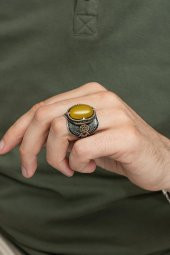 Sarı Akik Taşlı Mührü Süleyman Motifli 925 Gümüş Erkek Yüzük thumbnail 5