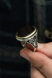 Oval Siyah Oniks Taşlı 925 Gümüş Erkek Yüzük - 5