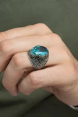 Oval Aqua Mavi Taşlı 925 Gümüş Erkek Yüzük thumbnail 6