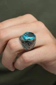Oval Aqua Mavi Taşlı 925 Gümüş Erkek Yüzük thumbnail 3