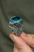 Oval Aqua Mavi Taşlı 925 Gümüş Erkek Yüzük thumbnail 9