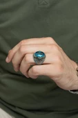 Oval Aqua Mavi Taşlı 925 Gümüş Erkek Yüzük thumbnail 5