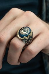 Mavi Ayyıldız Desenli Kehribar Taşlı 925 Gümüş Erkek Yüzük thumbnail 1