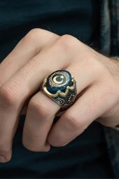 Mavi Ayyıldız Desenli Kehribar Taşlı 925 Gümüş Erkek Yüzük thumbnail 6