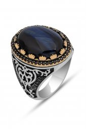 Mavi Kaplan Gözü Taşlı 925 Gümüş Erkek Yüzük thumbnail 2
