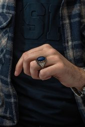 Mavi Kaplan Gözü Taşlı 925 Gümüş Erkek Yüzük thumbnail 3