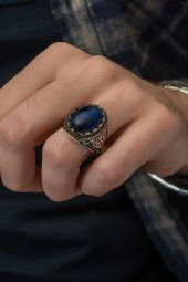 Mavi Kaplan Gözü Taşlı 925 Gümüş Erkek Yüzük thumbnail 4