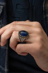 Mavi Kaplan Gözü Taşlı 925 Gümüş Erkek Yüzük thumbnail 5