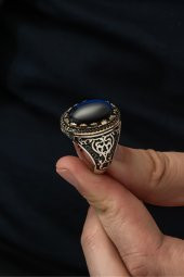 Mavi Kaplan Gözü Taşlı 925 Gümüş Erkek Yüzük thumbnail 7