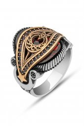 Ayyıldız Kırmızı Taşlı 925 Gümüş Erkek Yüzük thumbnail 2