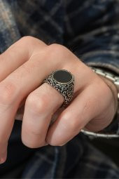 Çift Taraflı Ayyıldız OniksTaşlı 925 Gümüş Erkek Yüzük thumbnail 9