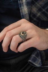 Çift Taraflı Ayyıldız OniksTaşlı 925 Gümüş Erkek Yüzük thumbnail 11