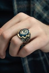 Mavi Ayyıldız Desenli Kehribar Taşlı 925 Gümüş Erkek Yüzük thumbnail 3