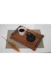 Ceviz Doğal Ahşap Zamak Kulplu Dikdörtgen Tepsi 40cm - 1