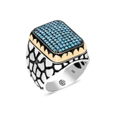 Lucky Life 925 Ayar Gumuss Turkuaz Zirkon Taşlı Kare Erkek Yüzük - 1