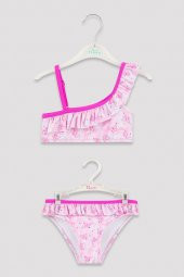 Penti Çok Renkli Kız Çocuk Parlak Kelebek Desenli Tek Omuz Bikini Takımı - 1