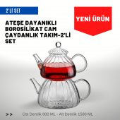Ateşe Dayanıklı Borosilikat Cam Çaydanlık Takım-2li Set - 2