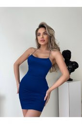 Saks Mavi Ip Askılı Sırt Dekolteli Mini Elbise - 5
