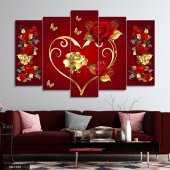 Gold Kalp Kelebek Çiçek 5 Parça Mdf Tablo - 1