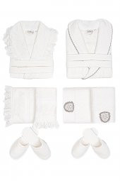 Ecocotton Elsa Aile Bornoz  Seti 100 Organik Pamuk Nakışlı Krem/Krem - M/L - 1